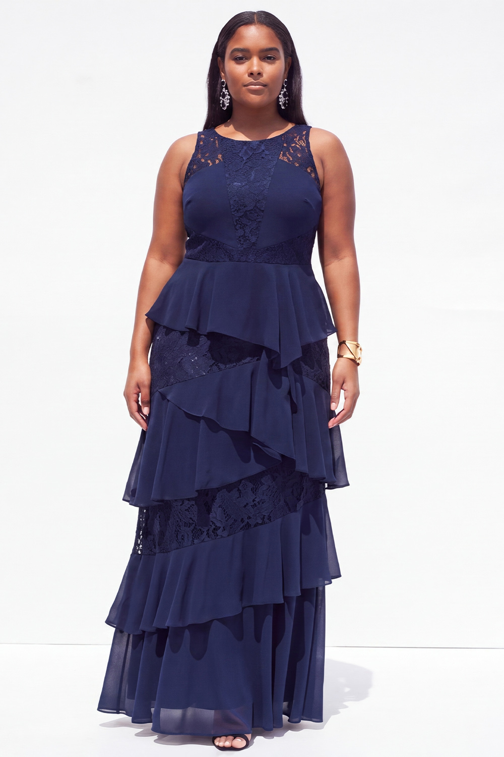 Plus Size Black A Line Tiered Ruffle Maxi Formal Dress with Lace