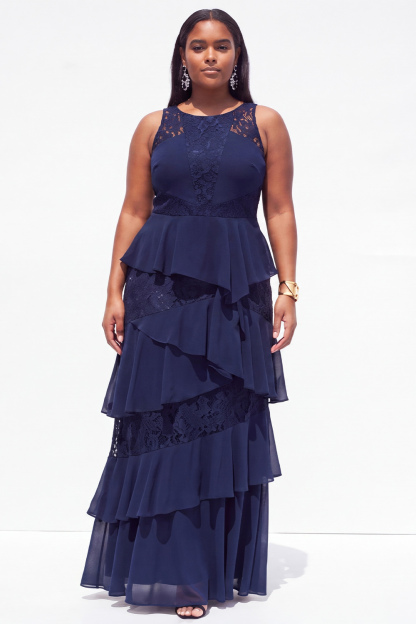 Plus Size Black A Line Tiered Ruffle Maxi Formal Dress with Lace