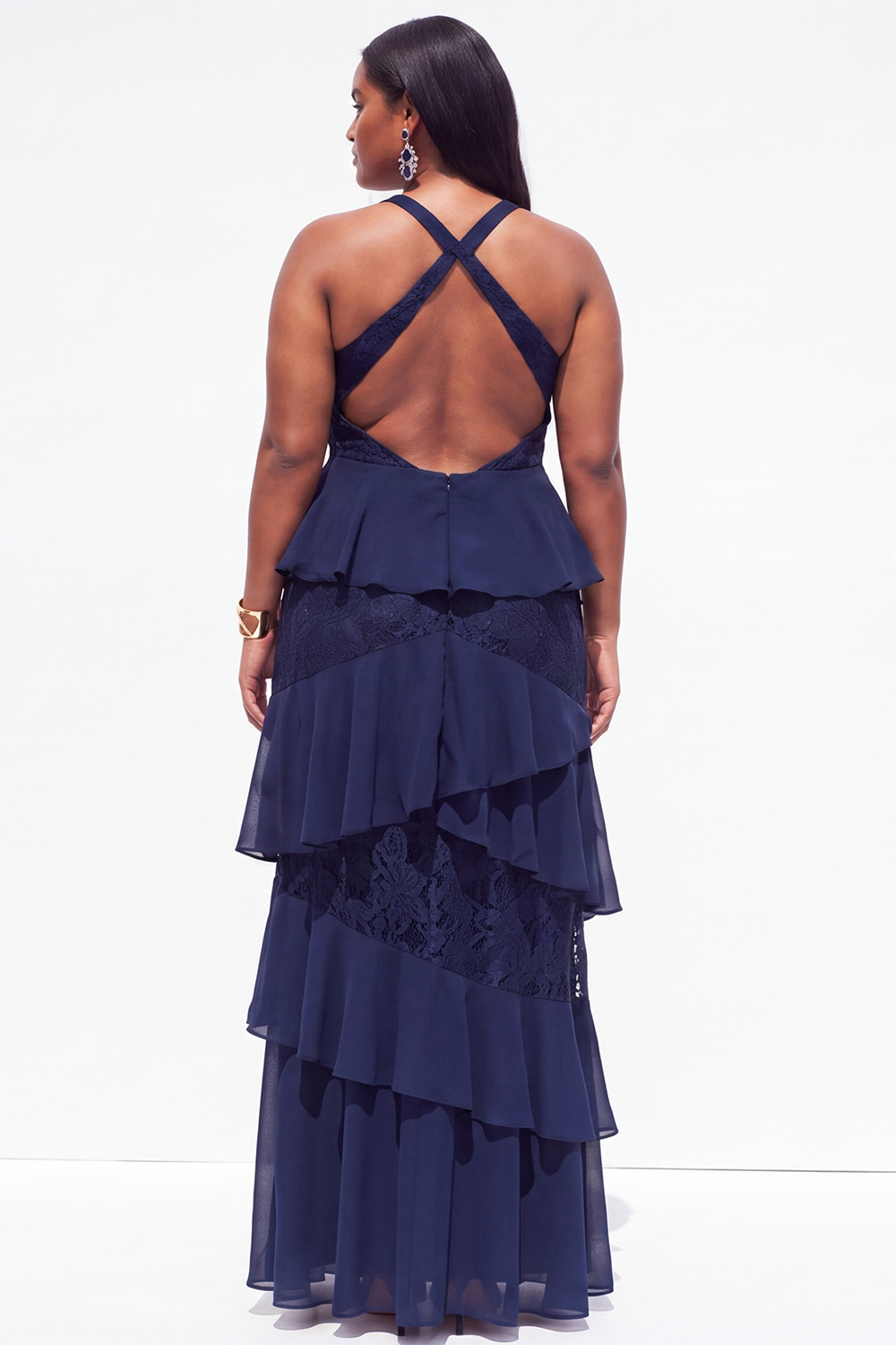 Plus Size Black A Line Tiered Ruffle Maxi Formal Dress with Lace