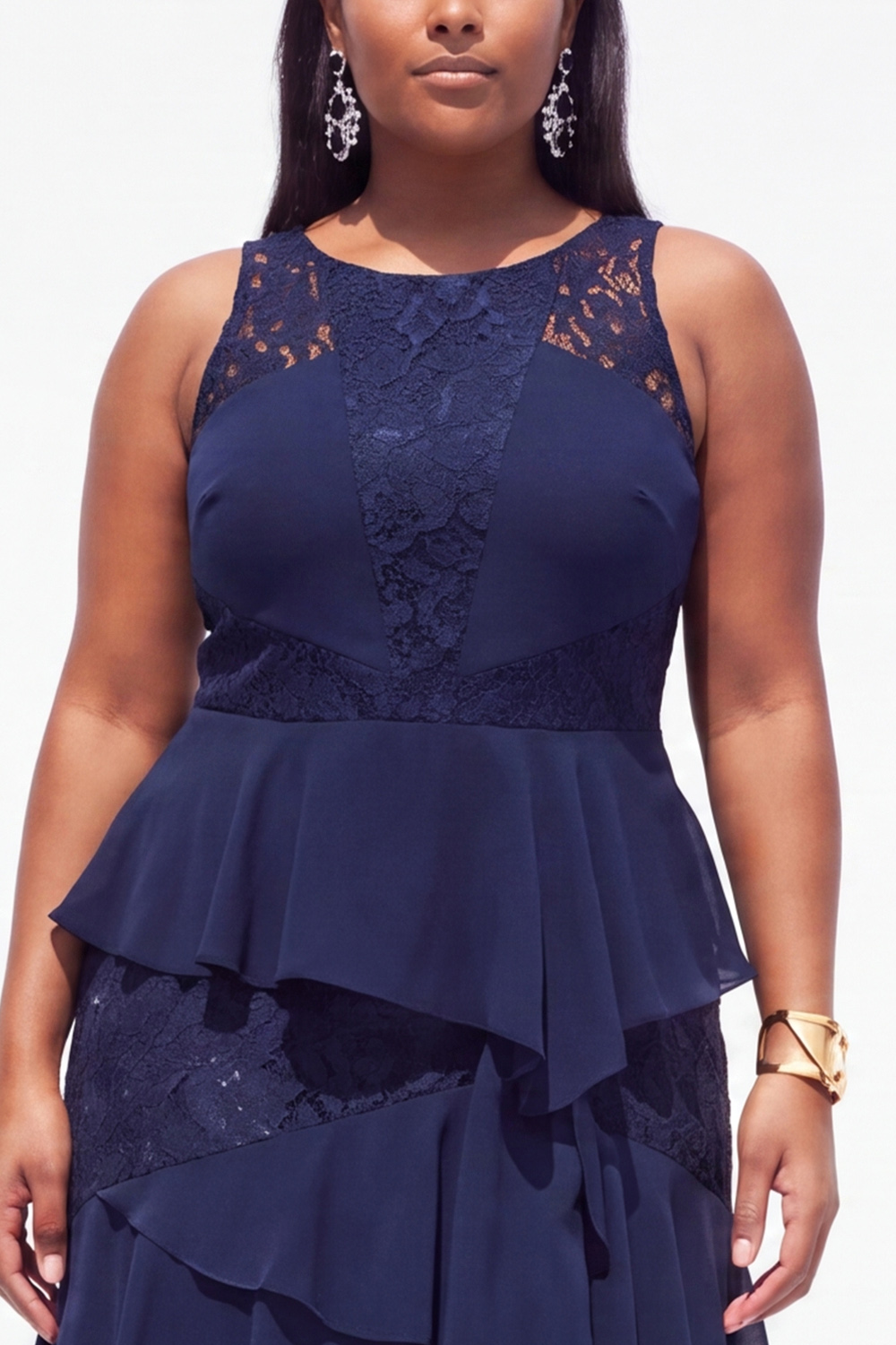 Plus Size Black A Line Tiered Ruffle Maxi Formal Dress with Lace