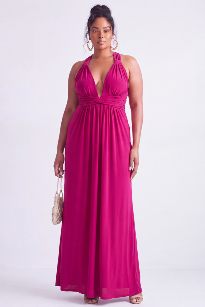 Dressself Women Yellow Plus Size Bridesmaid Dress Halter Chiffon Ruched Maxi Wedding Party Dress