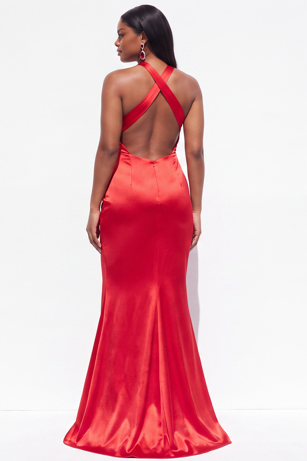 Red Satin Mermaid Halter Plus Size Formal Dress with Slit