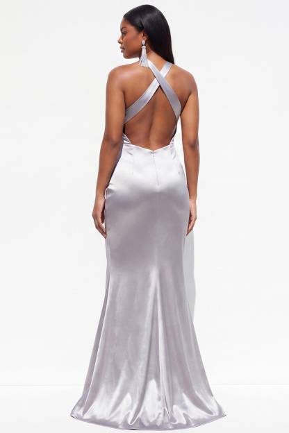 Red Satin Mermaid Halter Plus Size Formal Dress with Slit