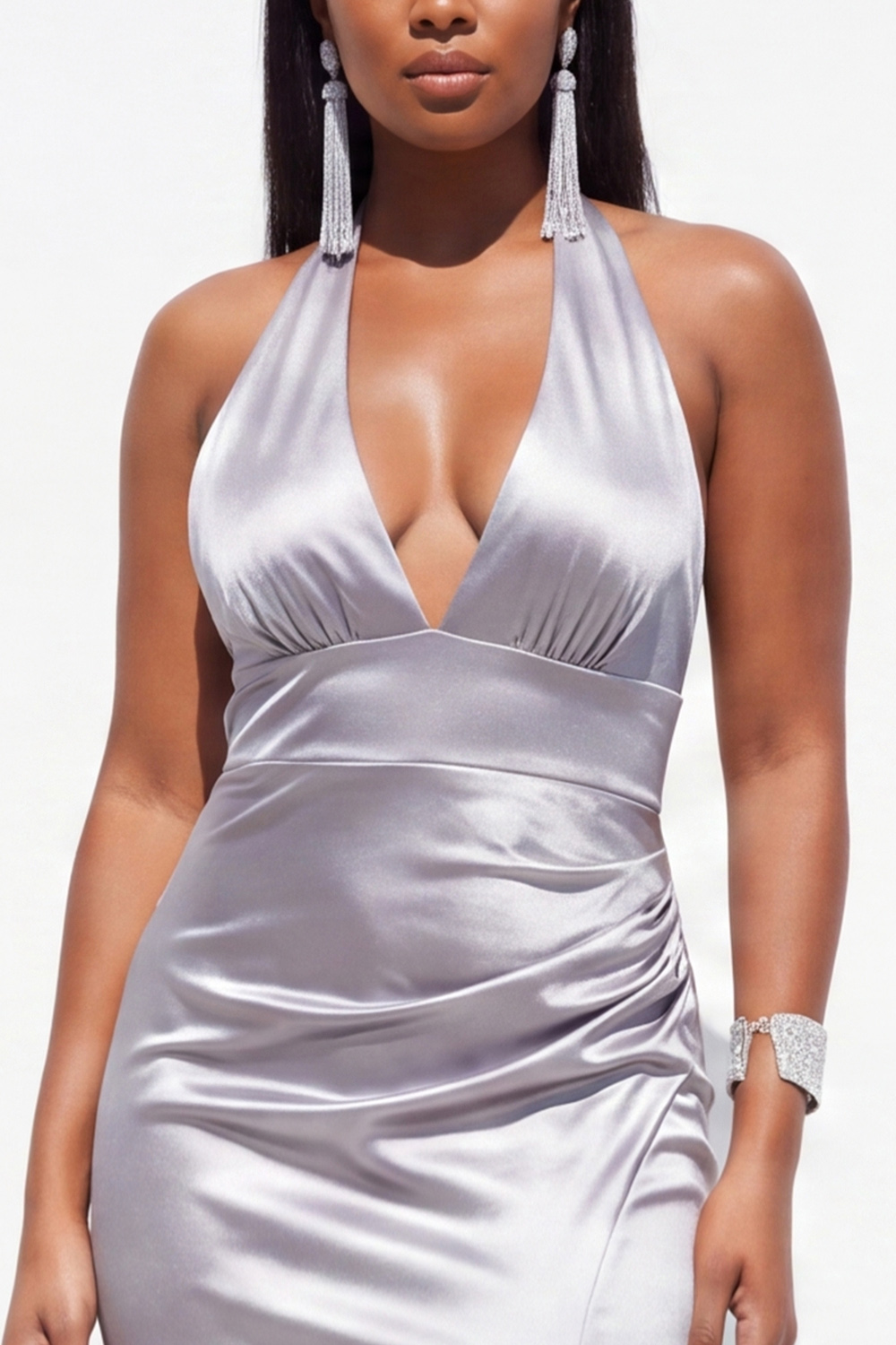 Red Satin Mermaid Halter Plus Size Formal Dress with Slit