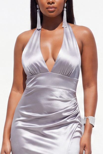 Red Satin Mermaid Halter Plus Size Formal Dress with Slit