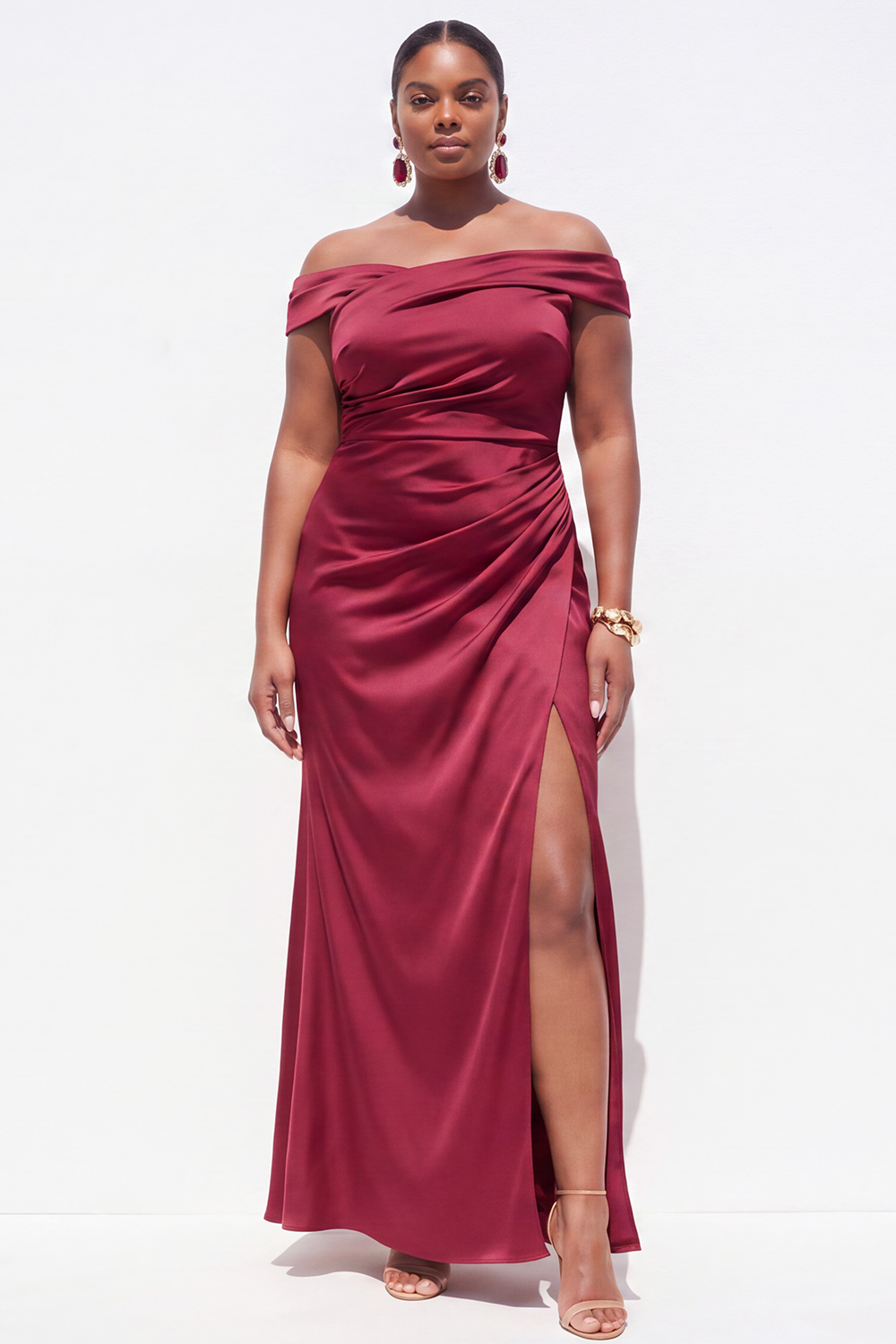 Off the Shoulder Dark Green Plus Size Sheath Satin Formal Dress with Slit