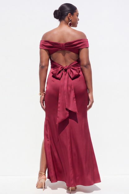 Off the Shoulder Dark Green Plus Size Sheath Satin Formal Dress with Slit