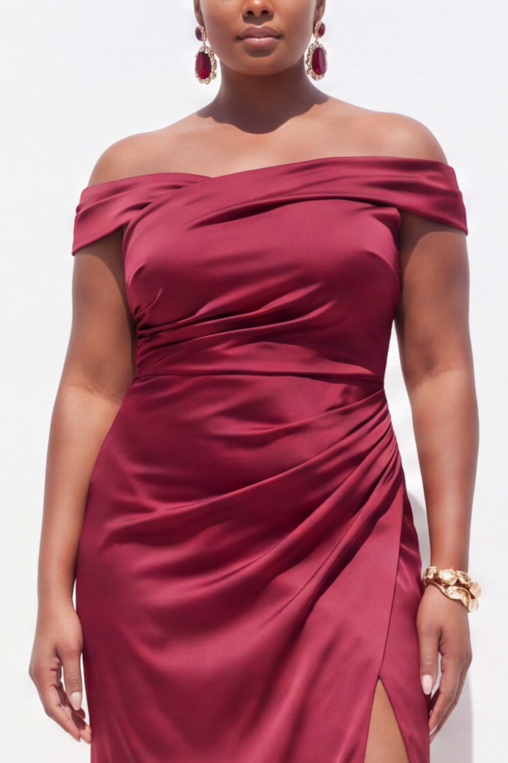 Off the Shoulder Dark Green Plus Size Sheath Satin Formal Dress with Slit