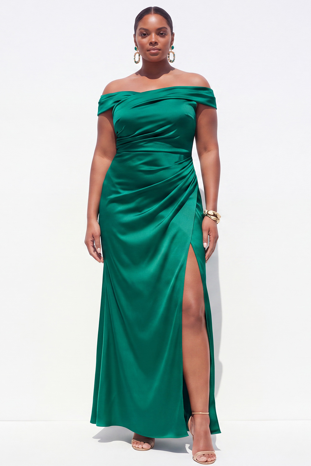 Off the Shoulder Dark Green Plus Size Sheath Satin Formal Dress with Slit