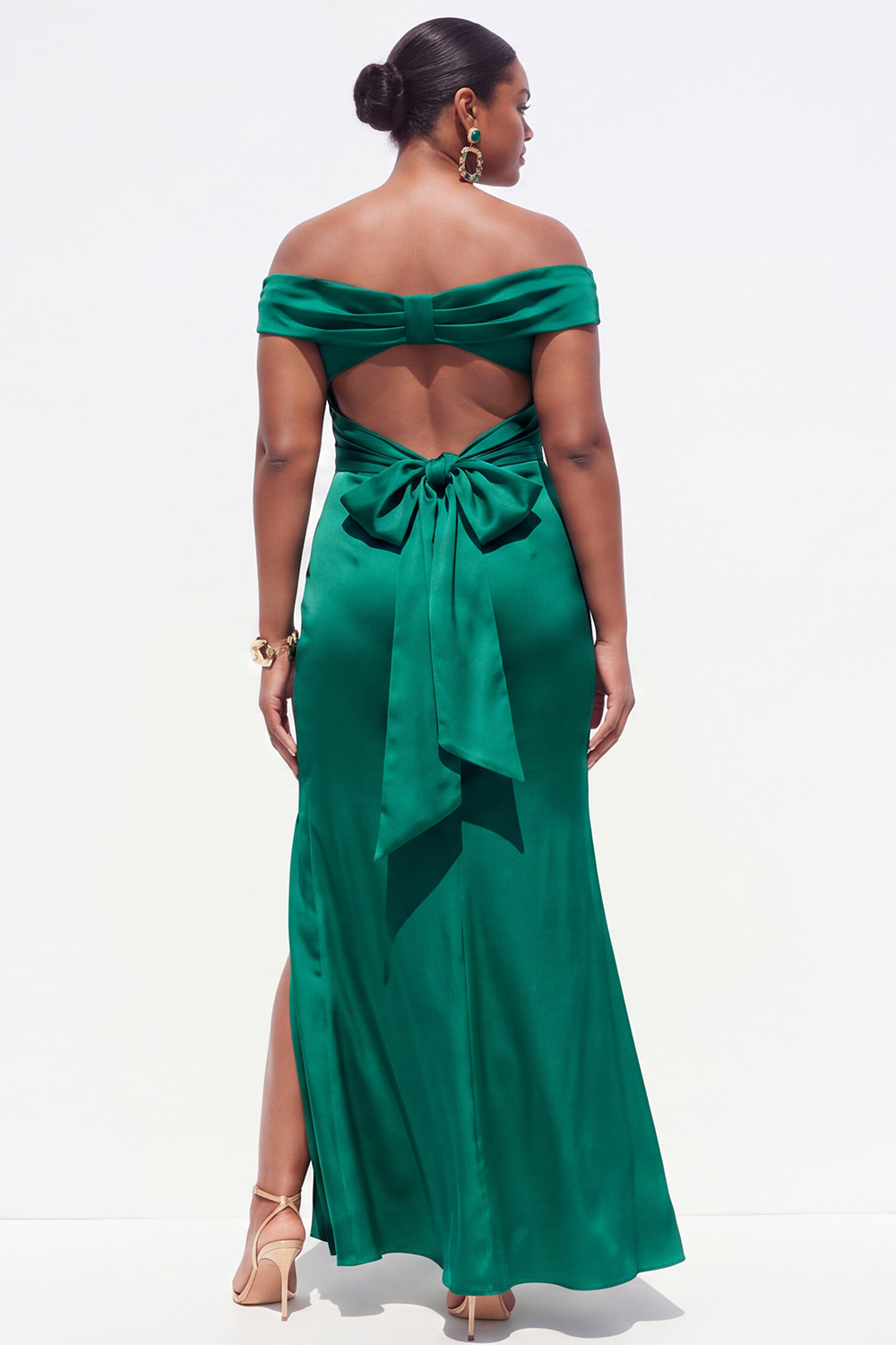 Off the Shoulder Dark Green Plus Size Sheath Satin Formal Dress with Slit