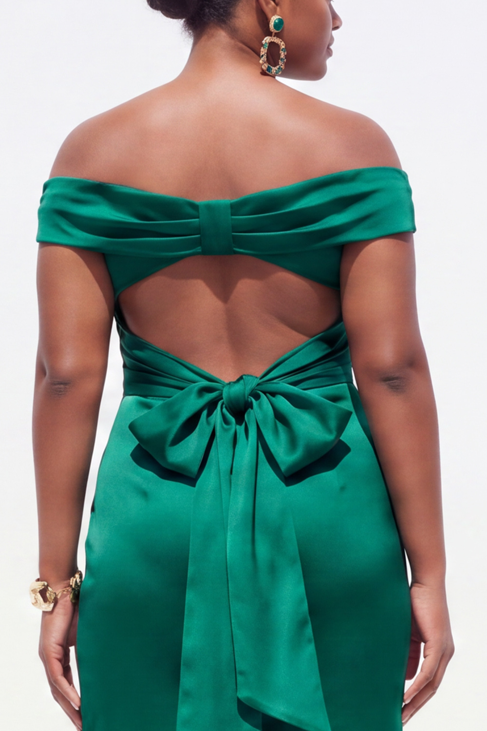 Off the Shoulder Dark Green Plus Size Sheath Satin Formal Dress with Slit