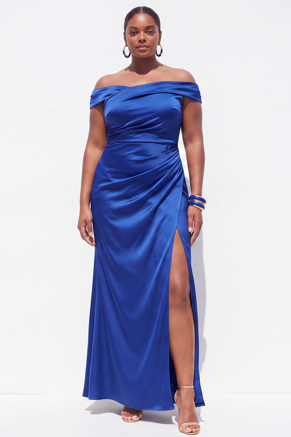 Off the Shoulder Dark Green Plus Size Sheath Satin Formal Dress with Slit