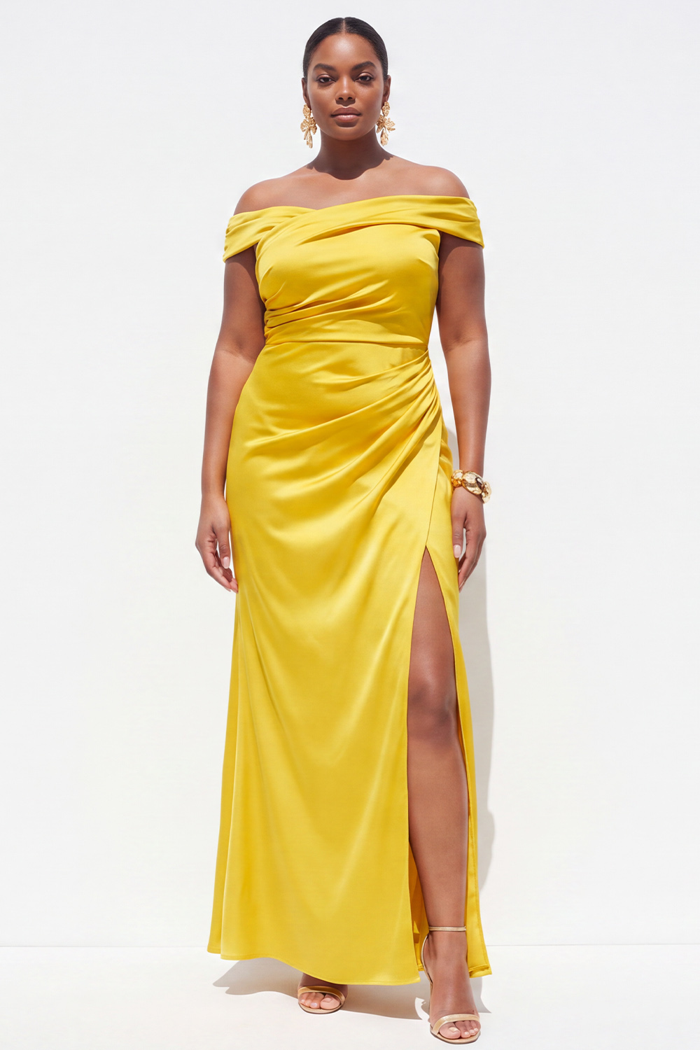 Dressself Women Dark Green Plus Size Formal Dress with Slit Off the Shoulder Sheath Satin Ruched Evening Dress