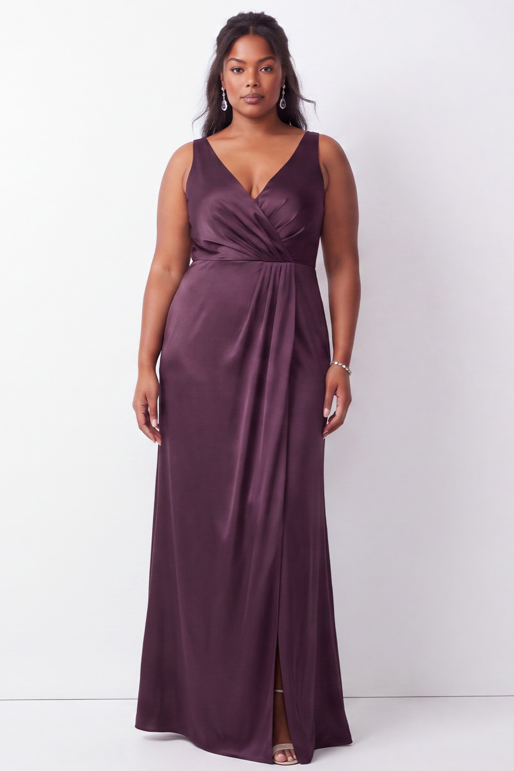 Plus Size Black Satin Sheath V-Neck Maxi Formal Dress