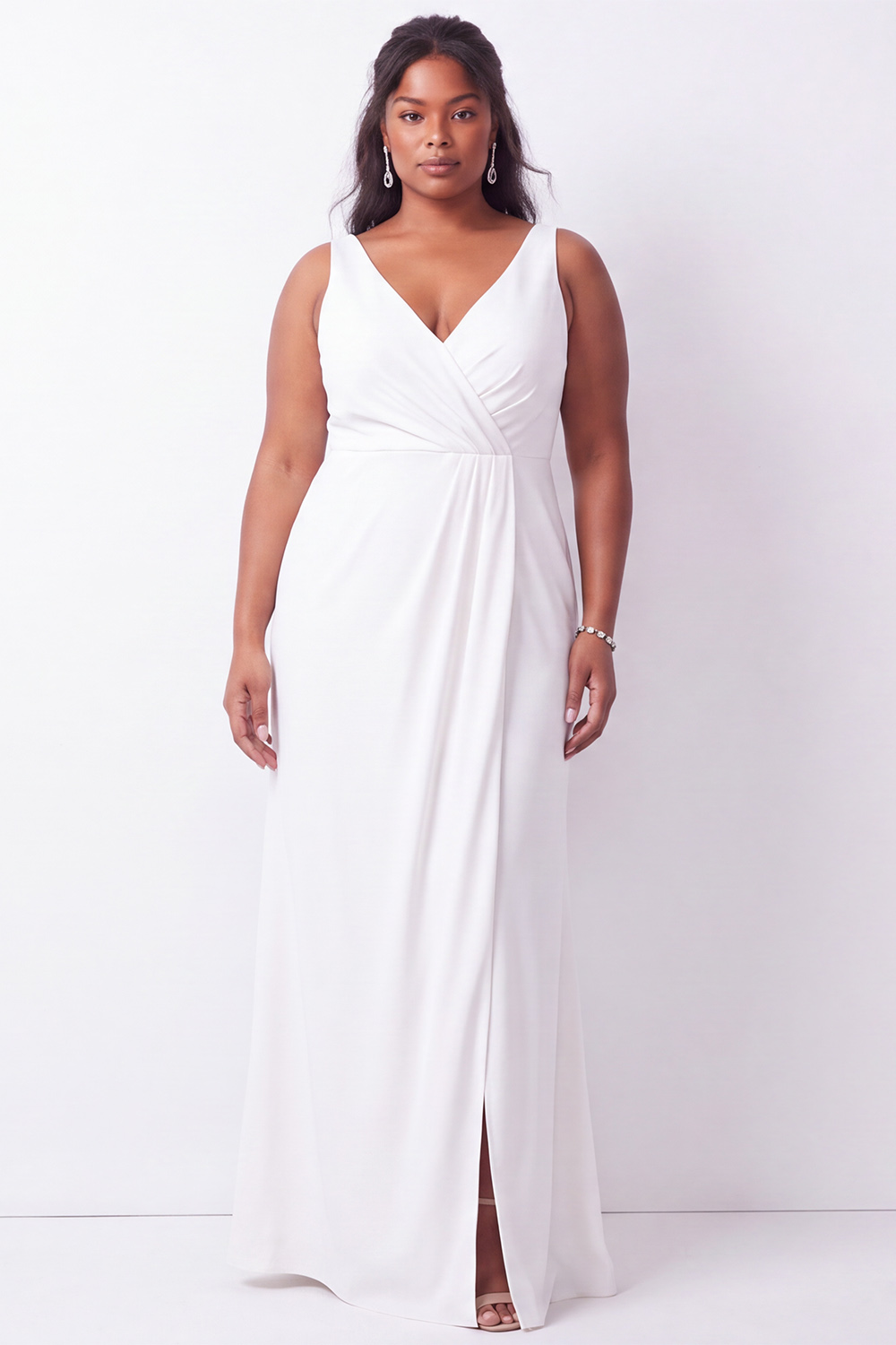 Plus Size Black Satin Sheath V-Neck Maxi Formal Dress