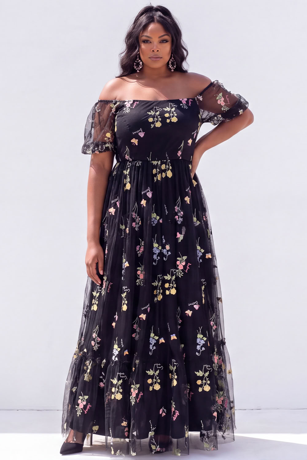 Off the Shoulder Green Floral A Line Plus Size Wedding Guest Dress
