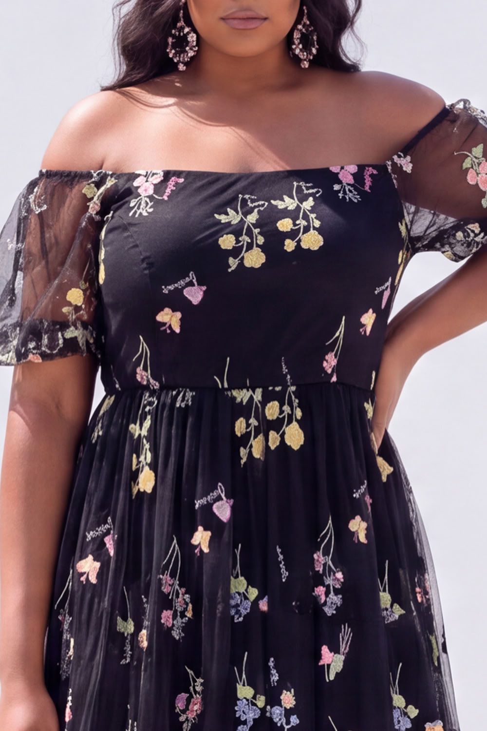 Off the Shoulder Green Floral A Line Plus Size Wedding Guest Dress