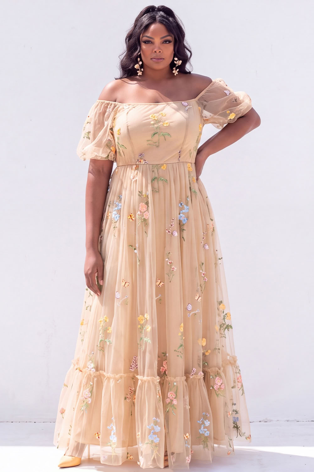 Off the Shoulder Green Floral A Line Plus Size Wedding Guest Dress