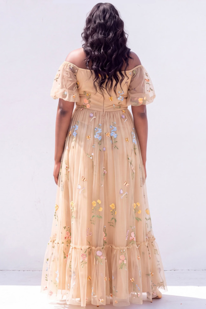 Off the Shoulder Green Floral A Line Plus Size Wedding Guest Dress
