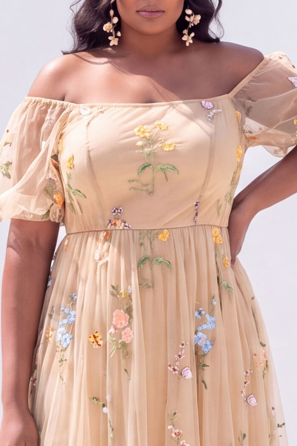 Off the Shoulder Green Floral A Line Plus Size Wedding Guest Dress