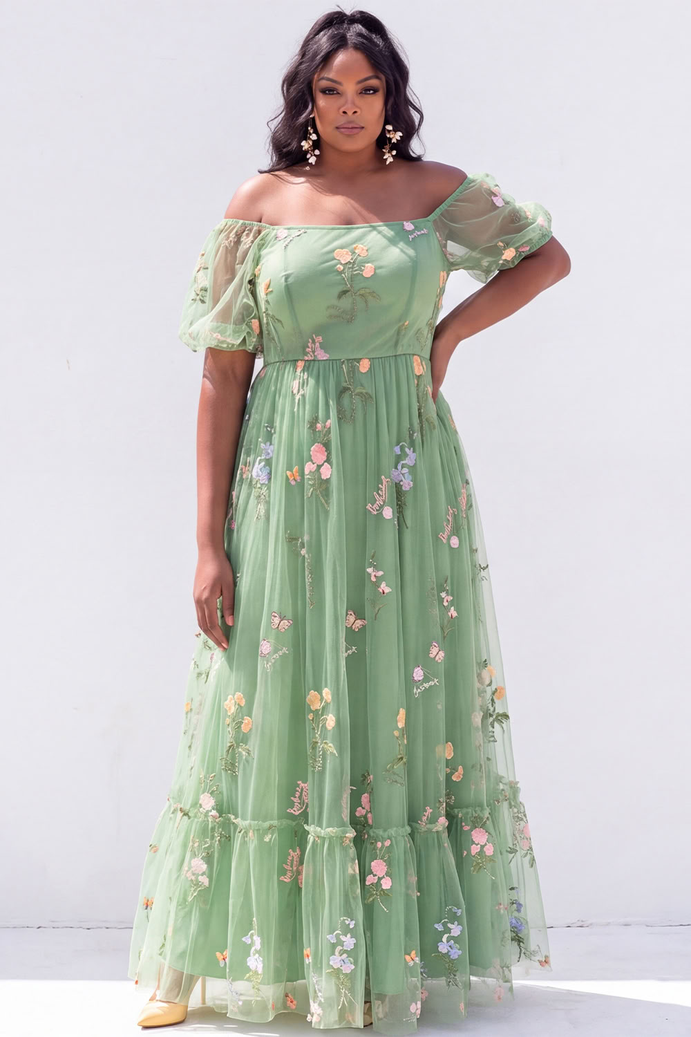 Dressself Women Off the Shoulder Green Plus Size Wedding Guest Dress A Line Floral Tea Party Dress with Short Sleeevs
