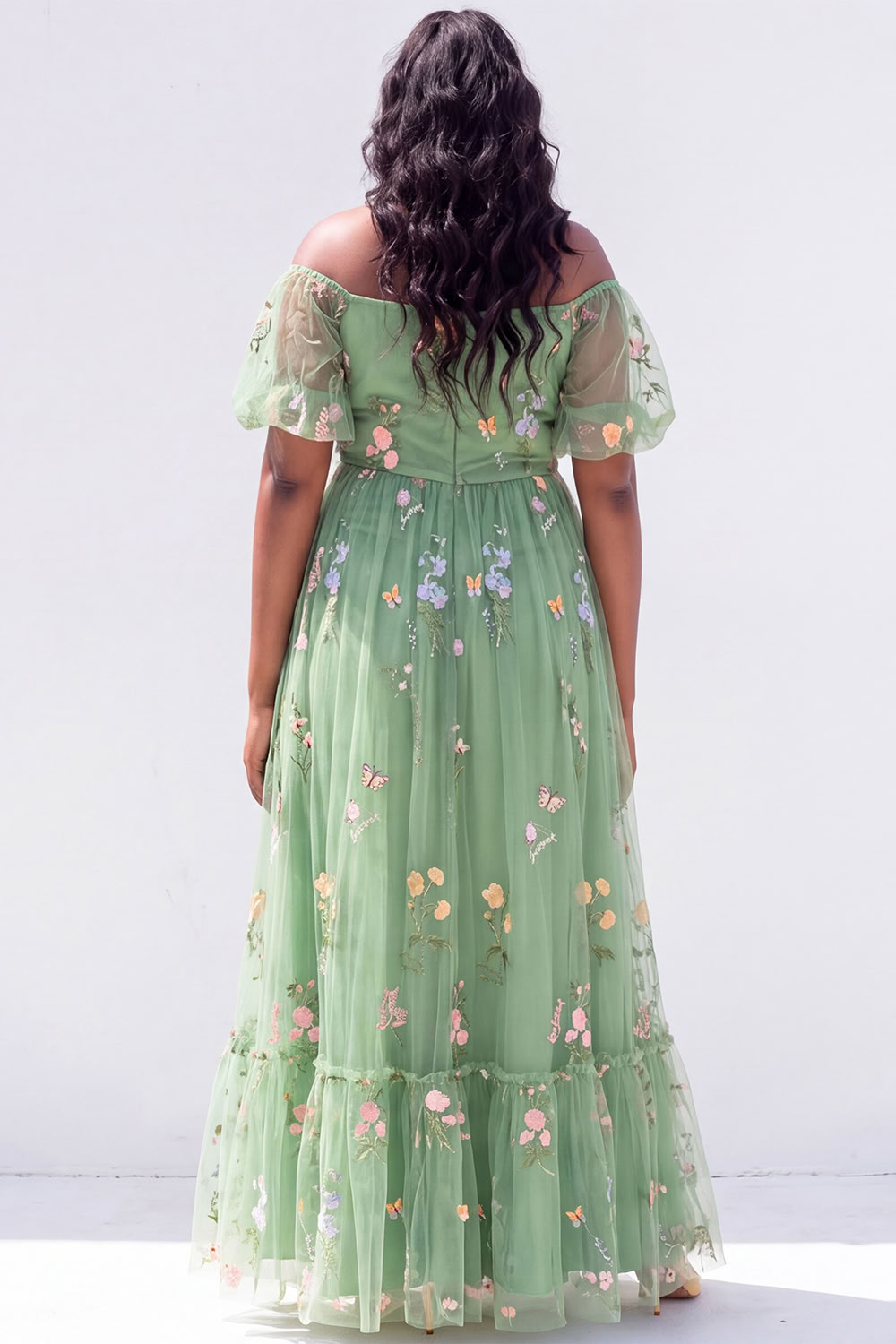 Off the Shoulder Green Floral A Line Plus Size Wedding Guest Dress