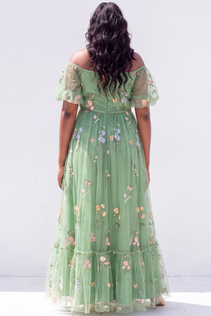 Off the Shoulder Green Floral A Line Plus Size Wedding Guest Dress