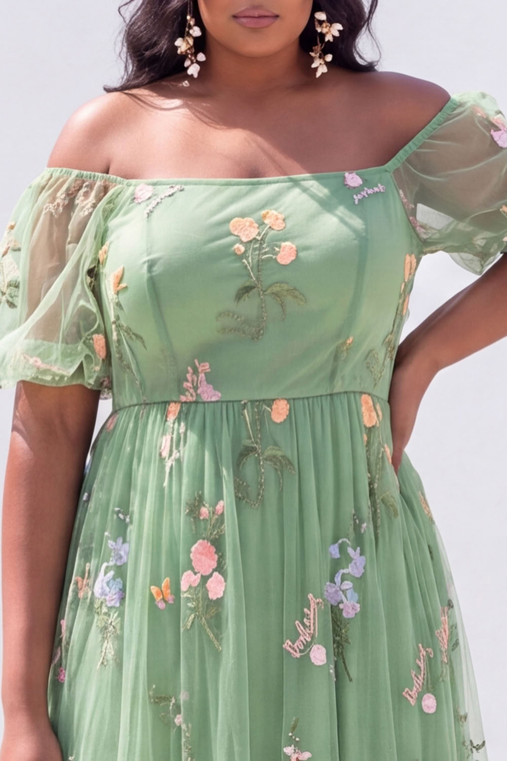 Off the Shoulder Green Floral A Line Plus Size Wedding Guest Dress