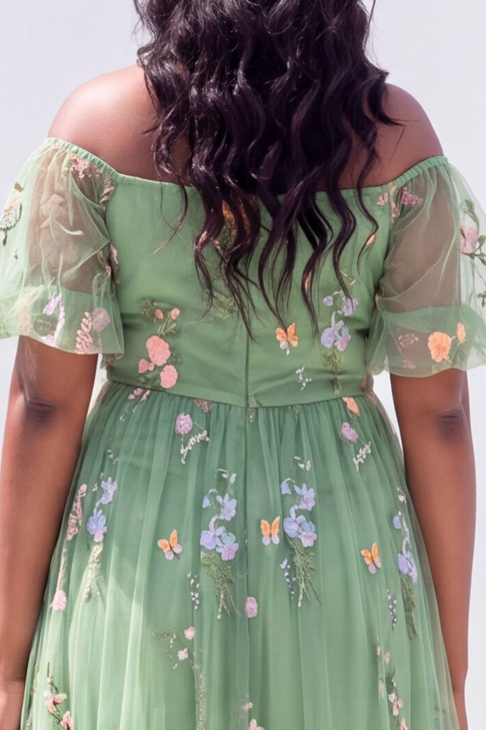 Off the Shoulder Green Floral A Line Plus Size Wedding Guest Dress