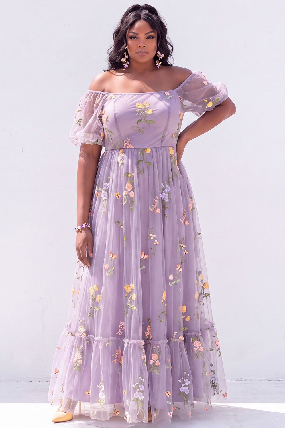 Off the Shoulder Green Floral A Line Plus Size Wedding Guest Dress