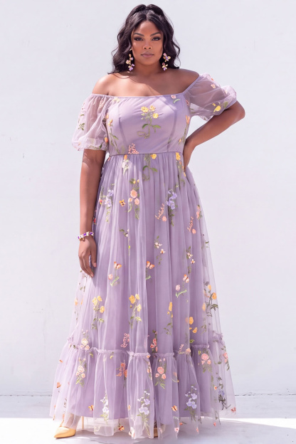 Off the Shoulder Green Floral A Line Plus Size Wedding Guest Dress