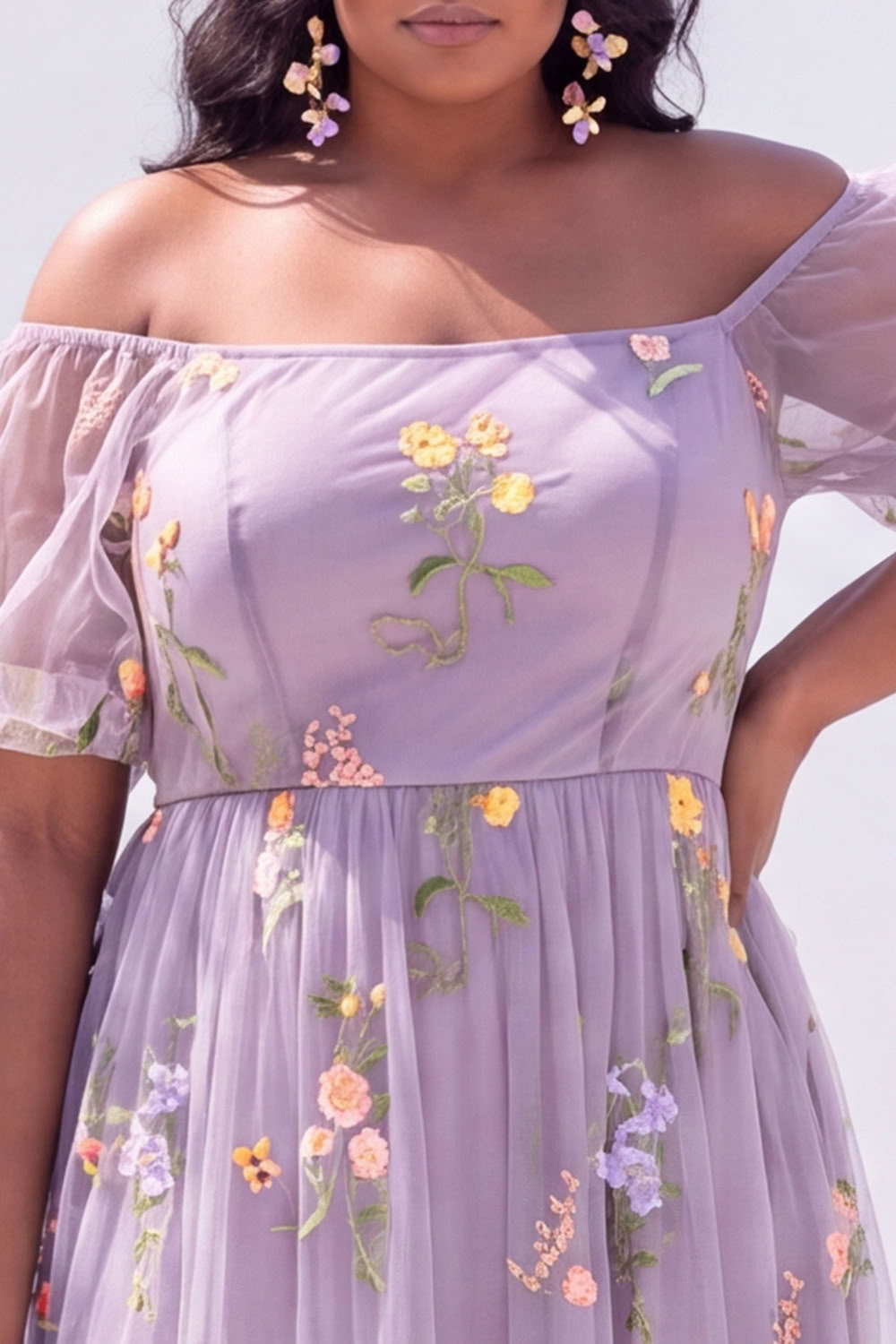 Off the Shoulder Green Floral A Line Plus Size Wedding Guest Dress