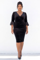Bodycon Black Velvet V Neck Plus Size Midi Dress with 3/4 Sleeves