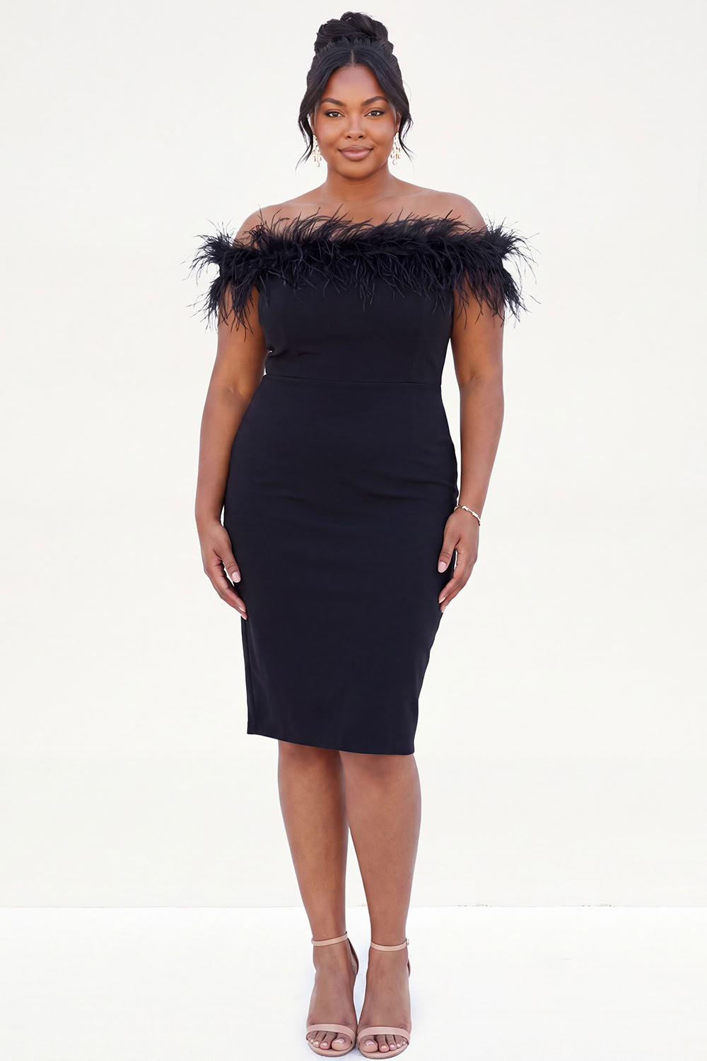 Off the Shoulder Bodycon Plus Size Little Black Dress with Feather