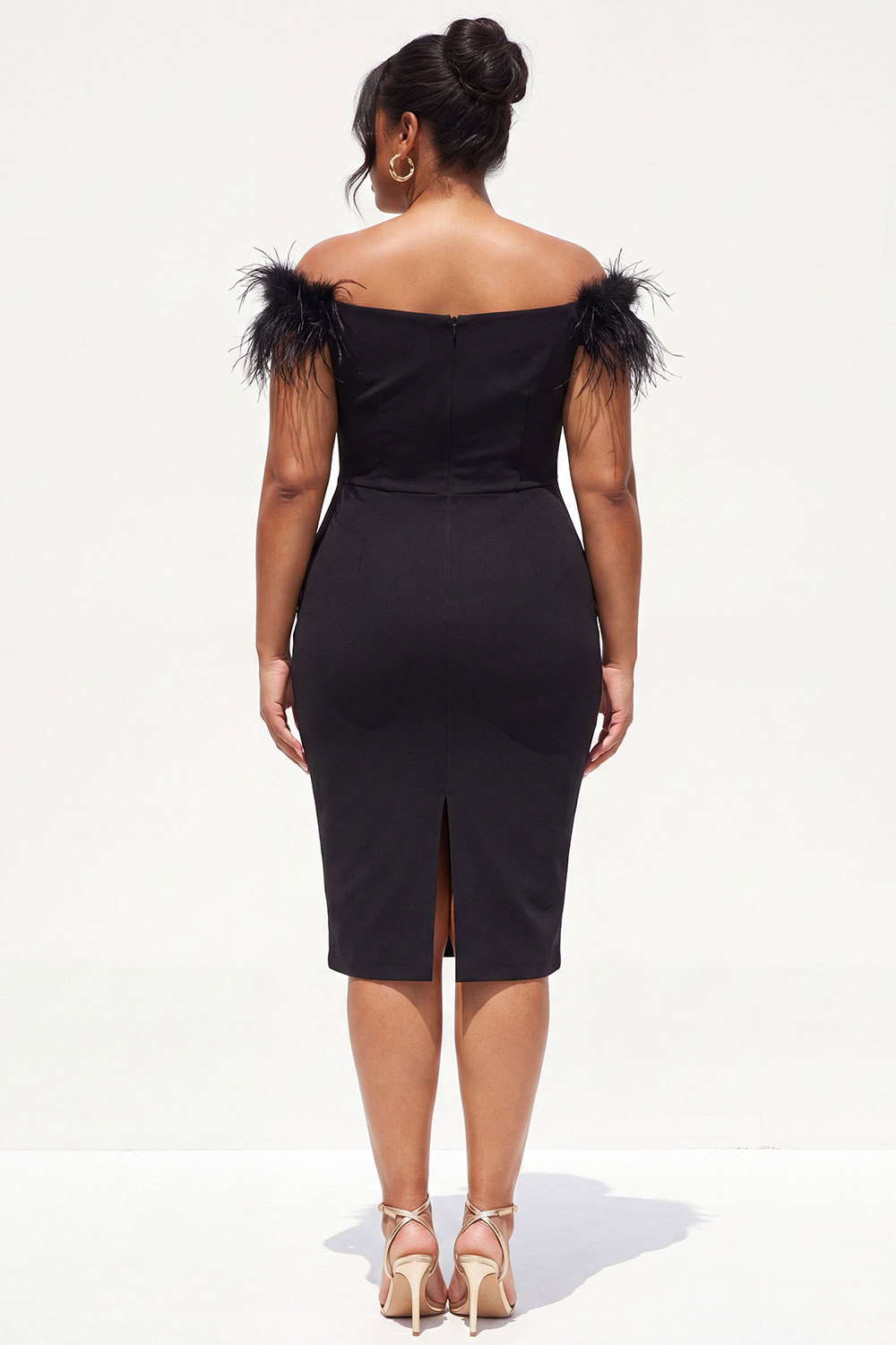 Off the Shoulder Bodycon Plus Size Little Black Dress with Feather