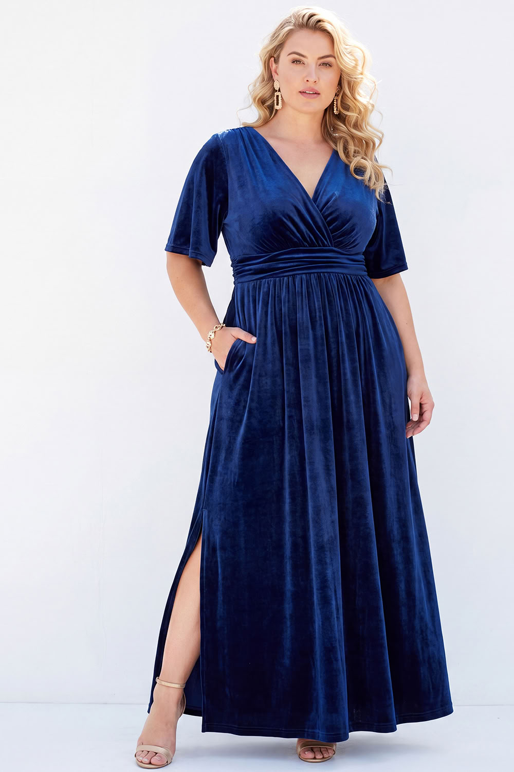 Navy V Neck A Line Velvet Plus Size Formal Dress with Slit