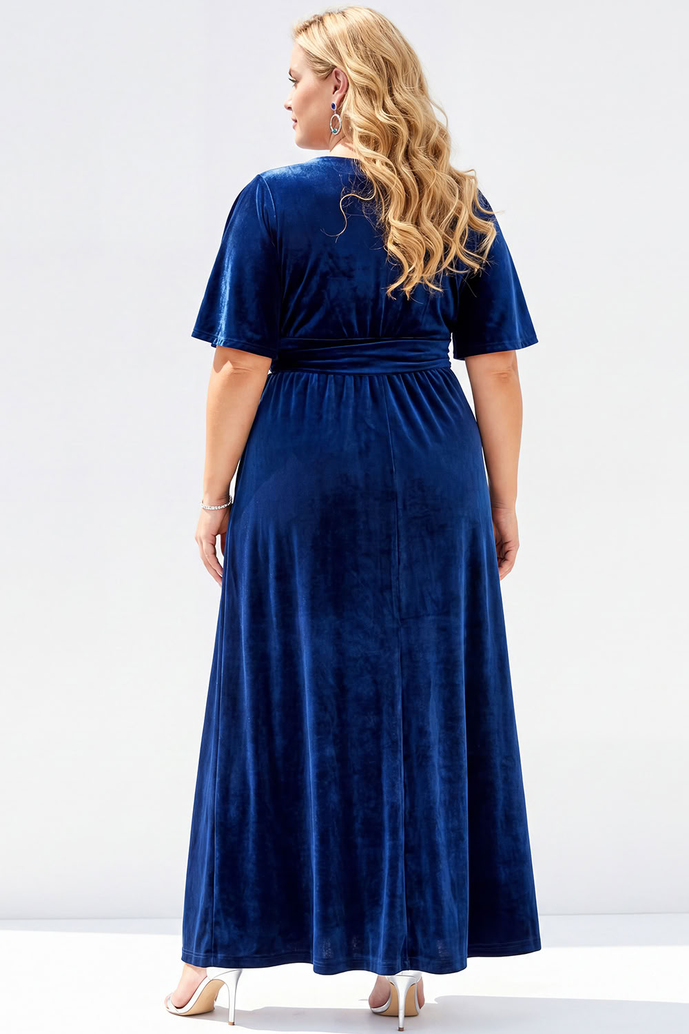 Navy V Neck A Line Velvet Plus Size Formal Dress with Slit