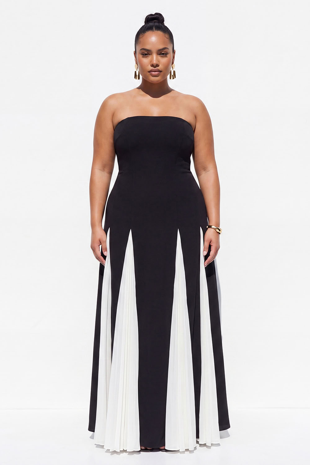 Dressself Women Black and White Plus Size Formal Dress Strapless A Line Long Evening Dress