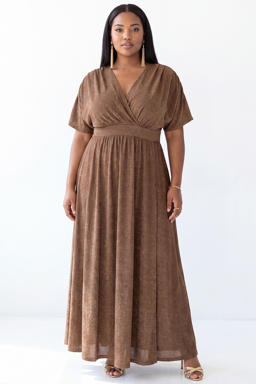 Brown A Line V Neck Plus Size Formal Dress with Short Sleeves