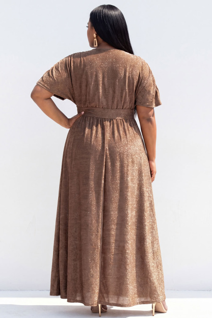 Brown A Line V Neck Plus Size Formal Dress with Short Sleeves