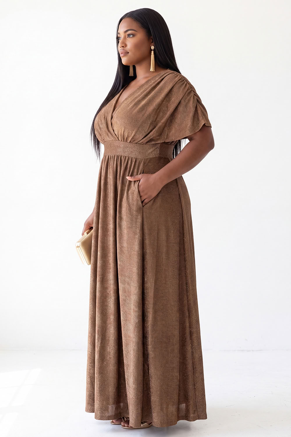 Brown A Line V Neck Plus Size Formal Dress with Short Sleeves
