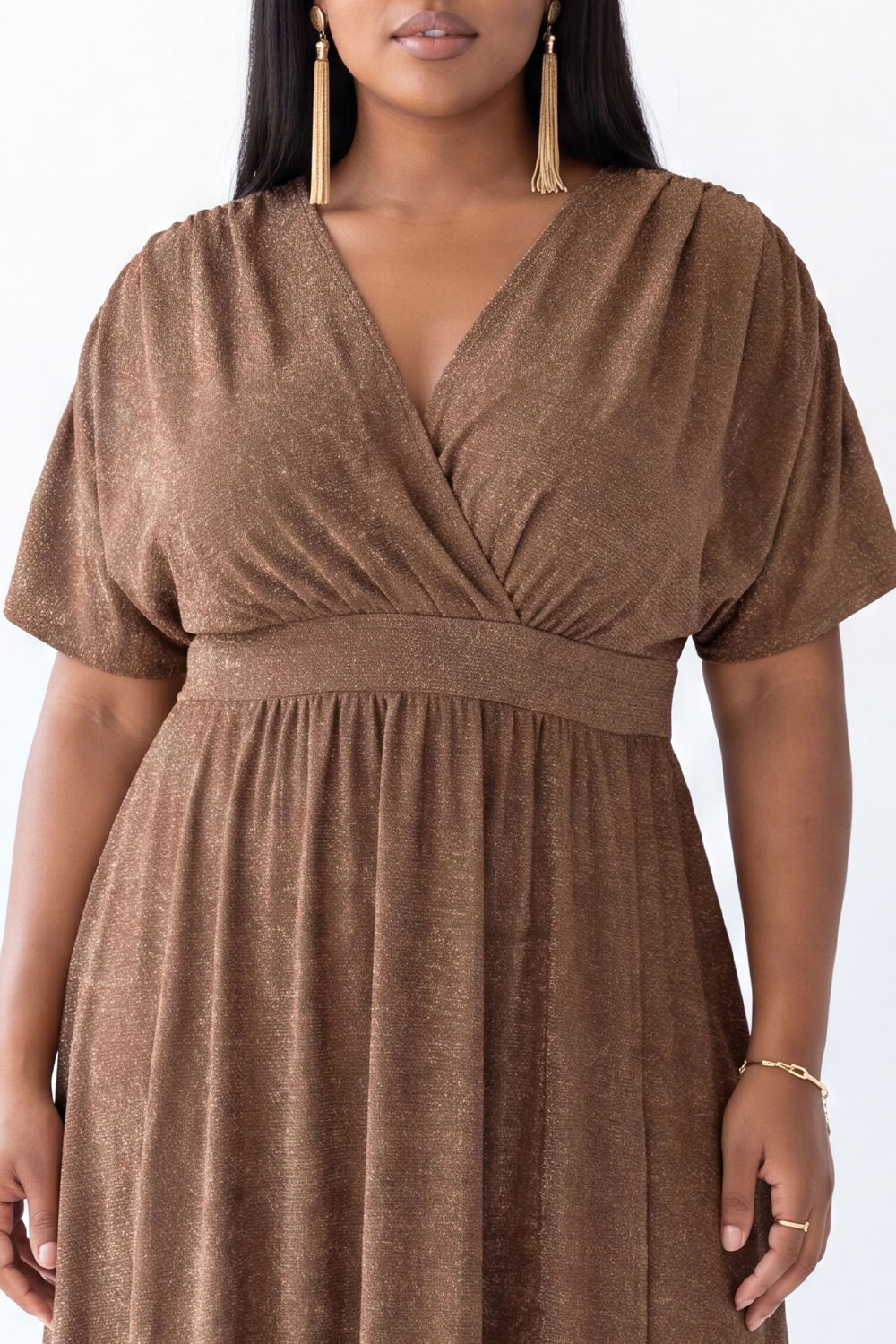 Brown A Line V Neck Plus Size Formal Dress with Short Sleeves