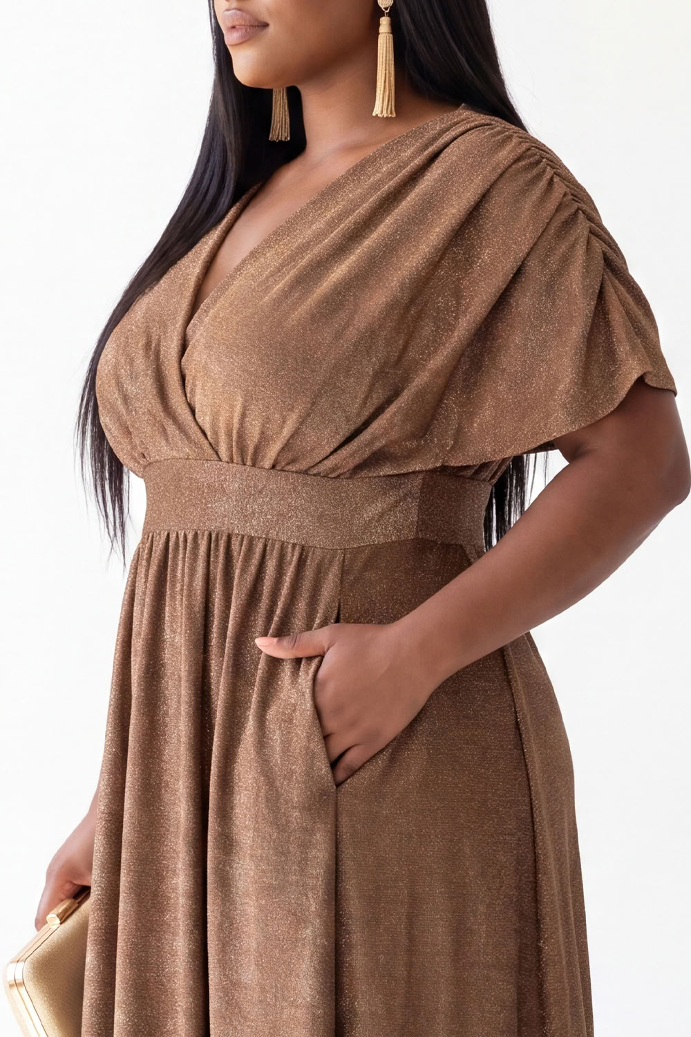 Brown A Line V Neck Plus Size Formal Dress with Short Sleeves