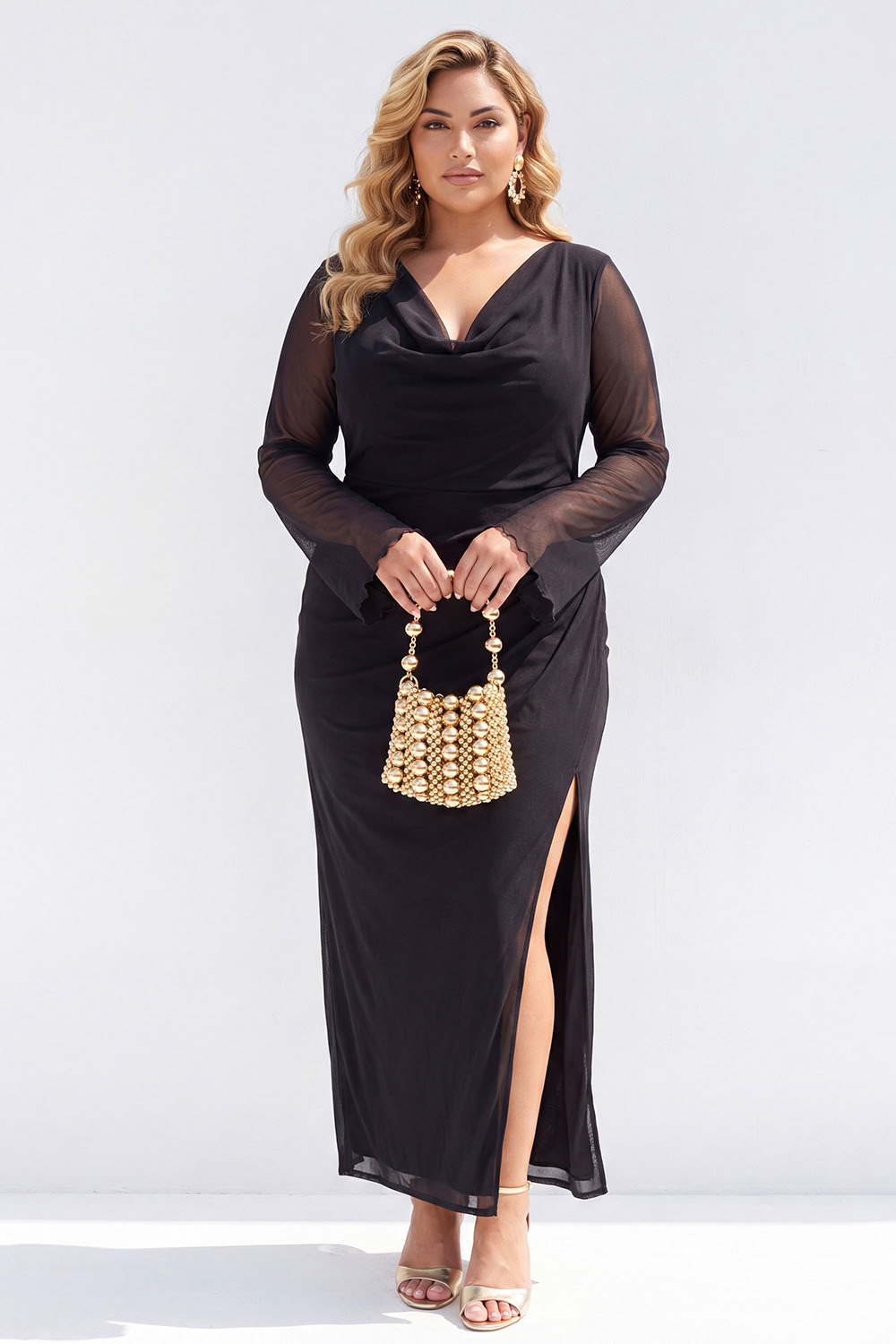 Plus Size Black Cowl Neck Long Sleeve Formal Dress with Slit