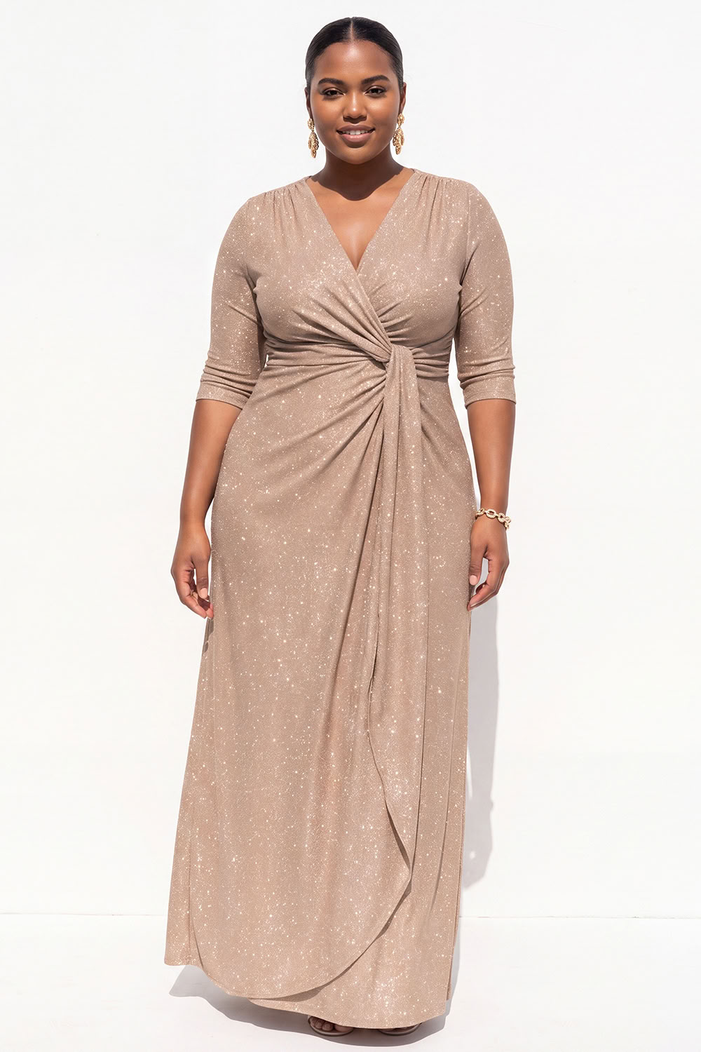 Plus Size Glitter Champagne A Line Maxi Dress with 3/4 Sleeves