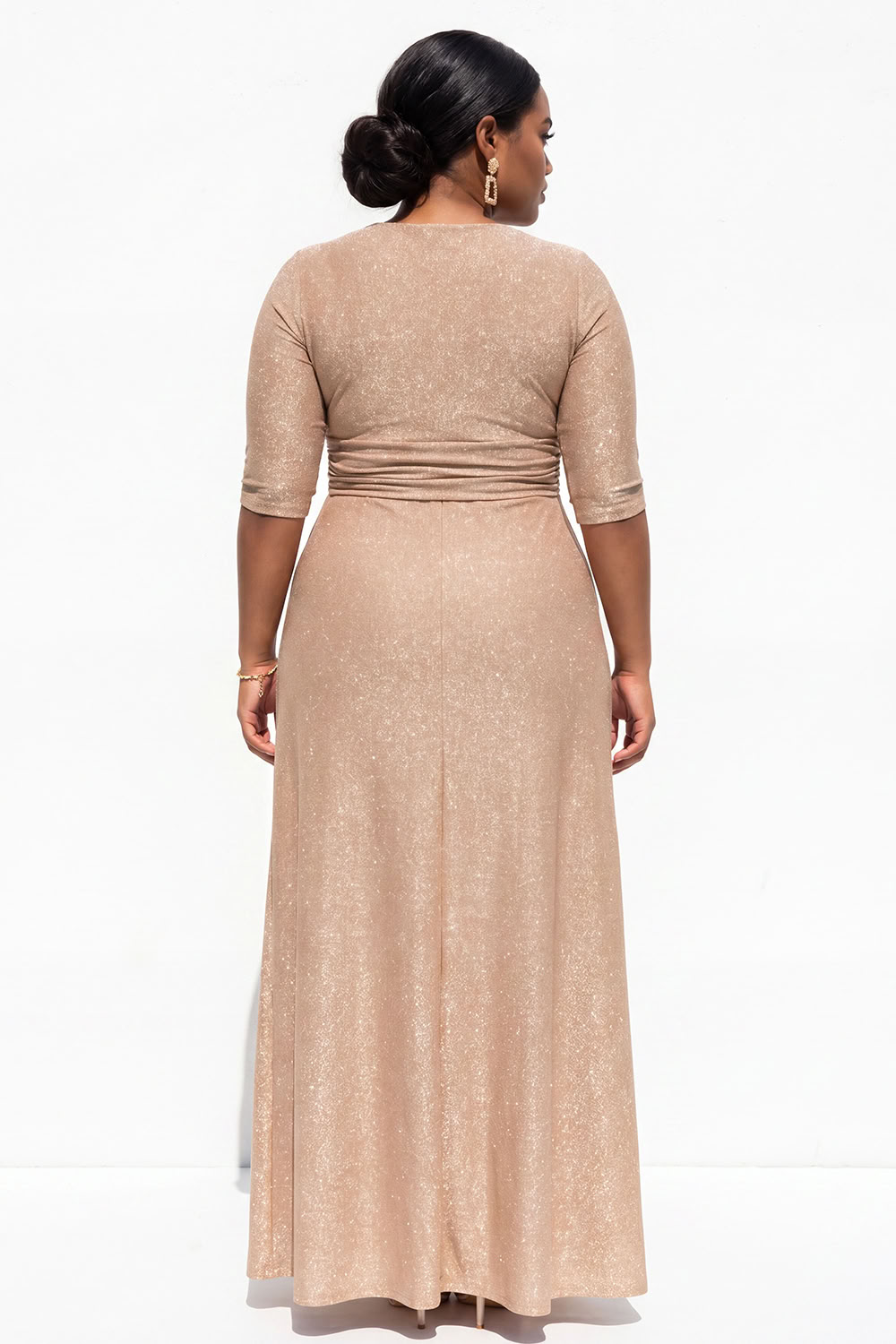 Plus Size Glitter Champagne A Line Maxi Dress with 3/4 Sleeves