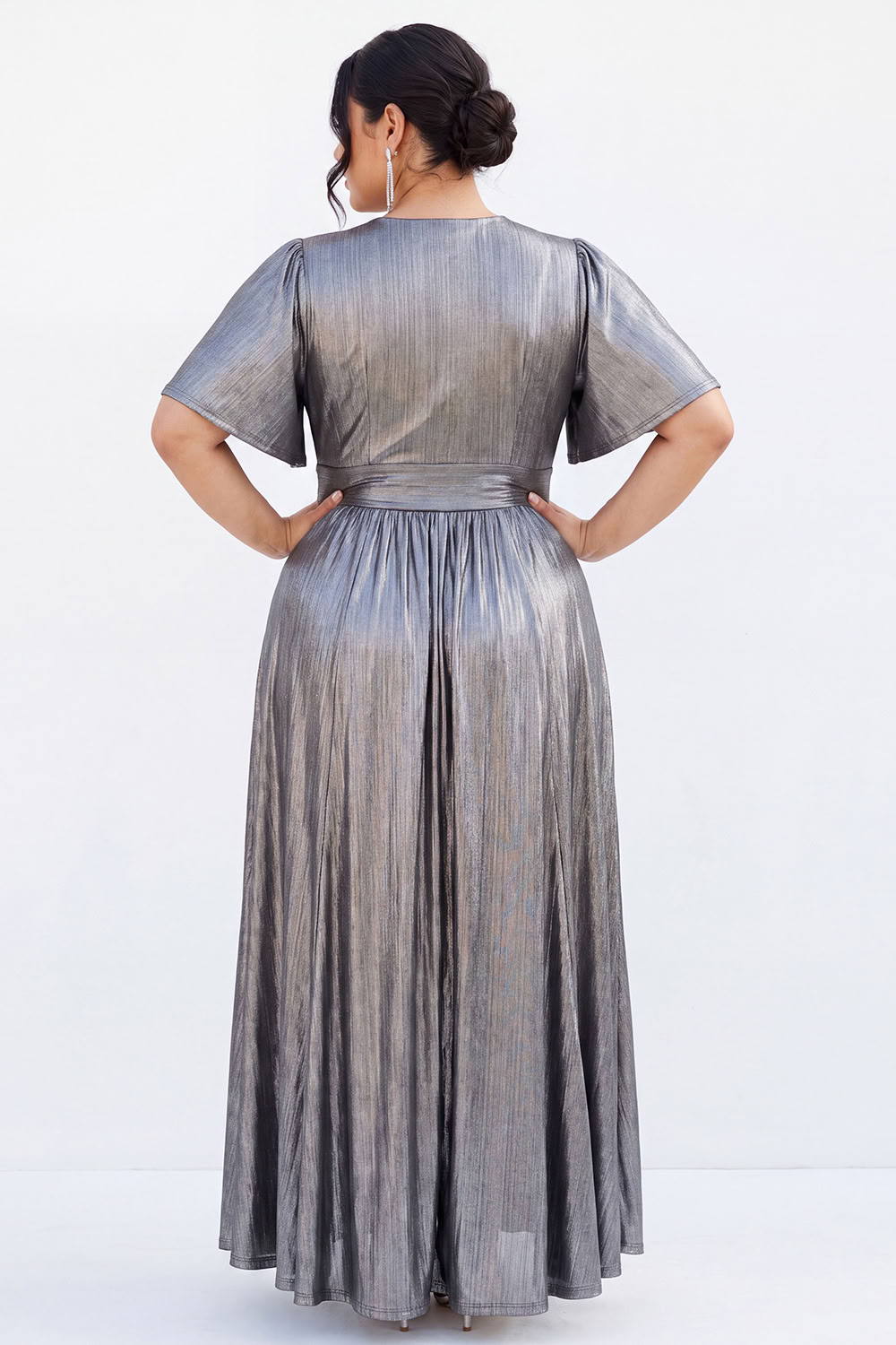 Silver A Line V Neck Metallic Satin Maxi Dress