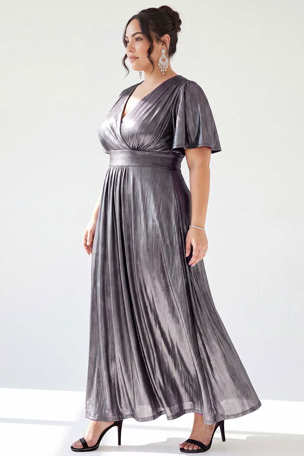 Silver A Line V Neck Metallic Satin Maxi Dress