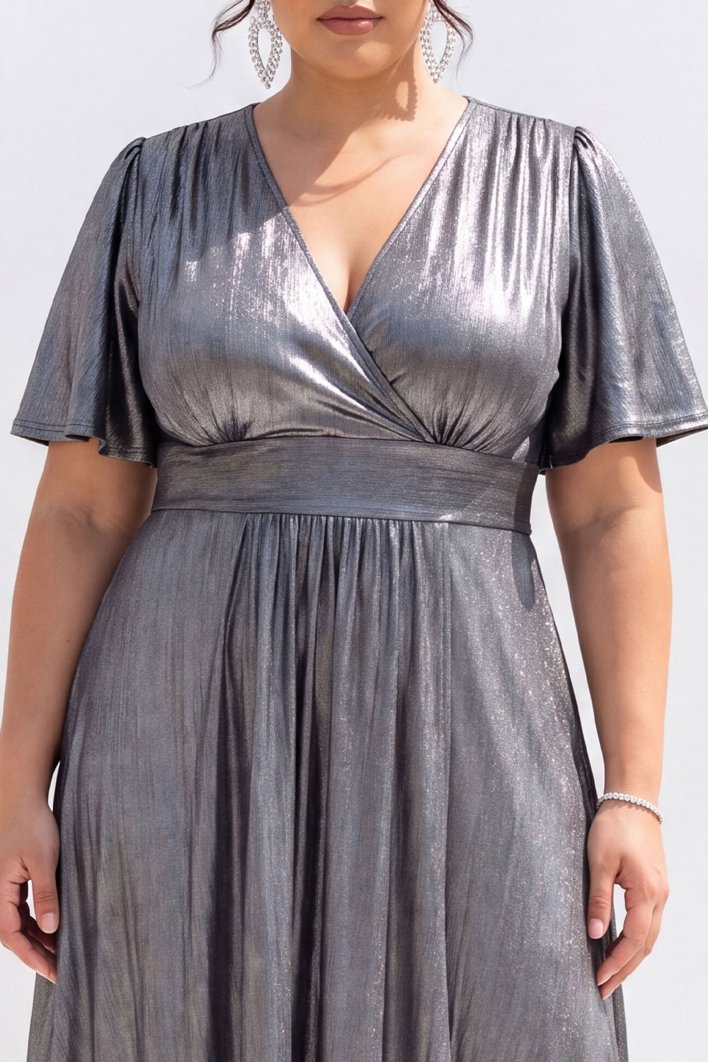 Silver A Line V Neck Metallic Satin Maxi Dress