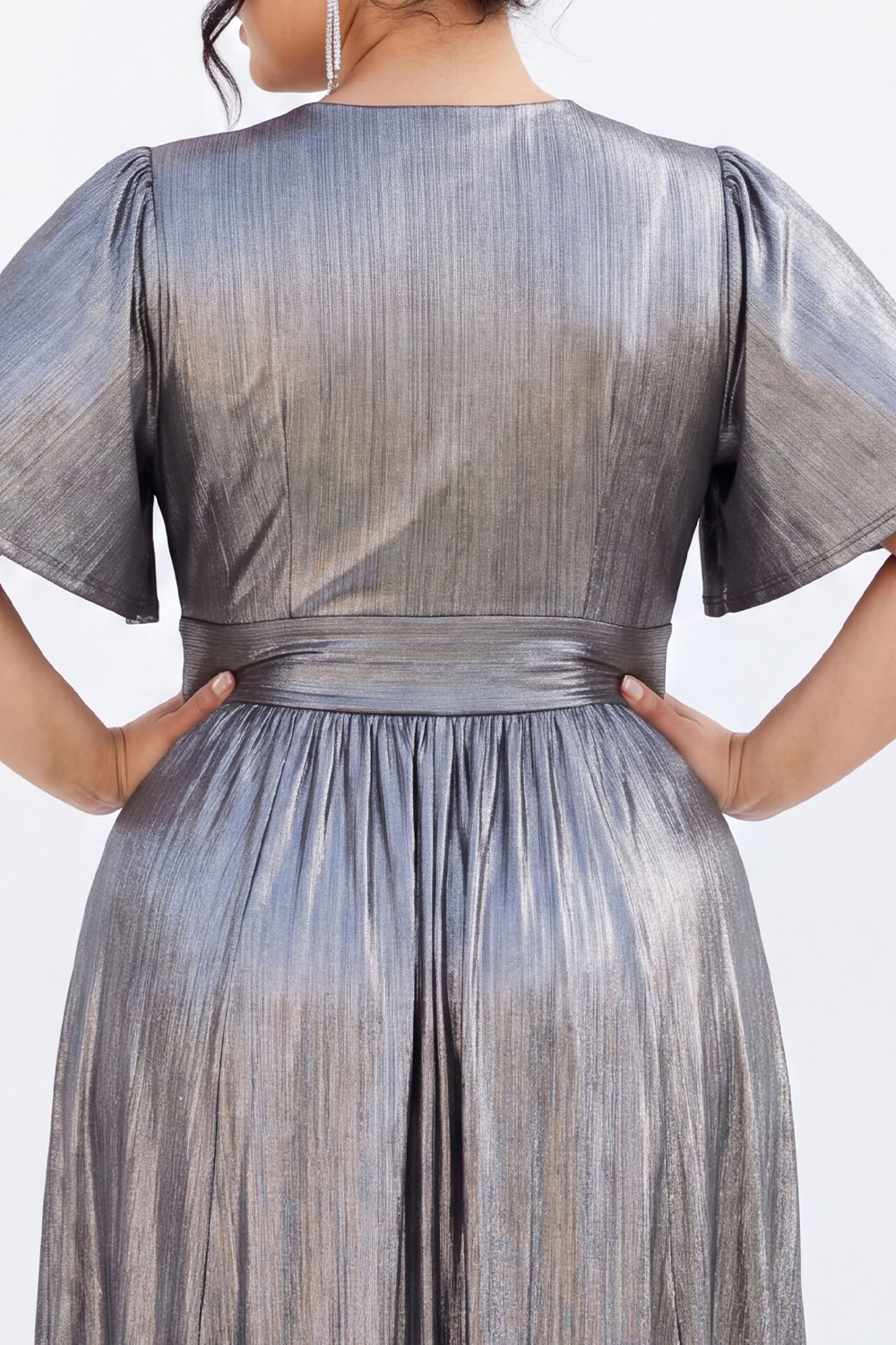 Silver A Line V Neck Metallic Satin Maxi Dress